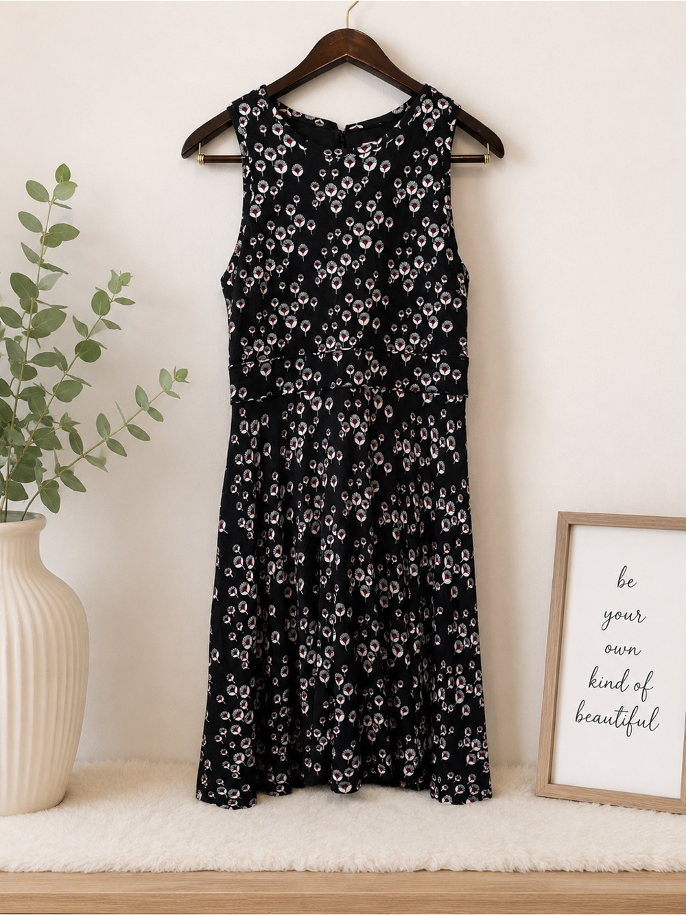 LOFT Black Midi Dress with White and Pink Floral Dots